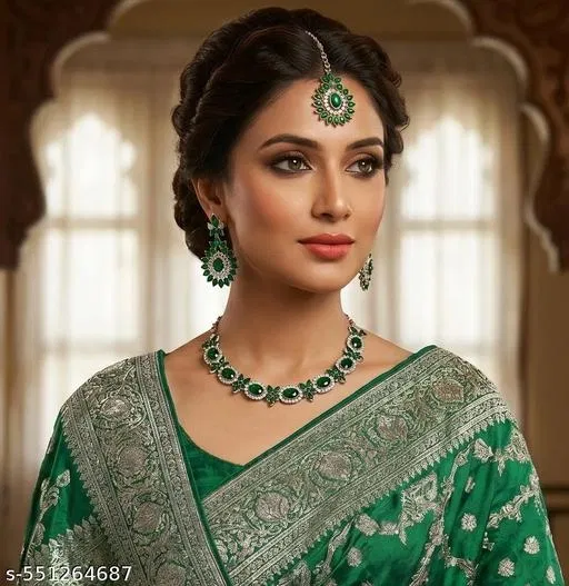 Rodium Finish Jewellery for Women (Green, Free Size)