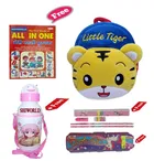 Combo of Kids Cartoon Bag Backpack, All In One Book, Water Bottle & Gift Set Geometry Set 
