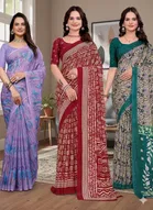 Georgette Printed Saree for Women, Multicolor, Pack of 3 