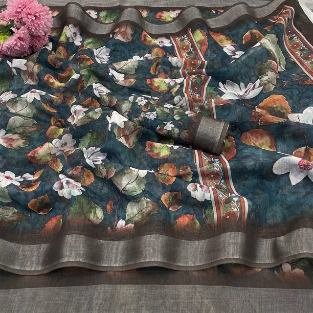 Linen Printed Saree for Women, Multicolor (6.3 m)