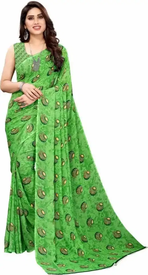 कनूड़ा फैंसी विमेंस जॉर्जेट फ्लावर प्रिंटेड साड़ी (ग्रीन) (K-060)