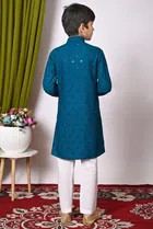 Rayon Cotton Embellished Kurta with Payjama for Boys, Teal & White 