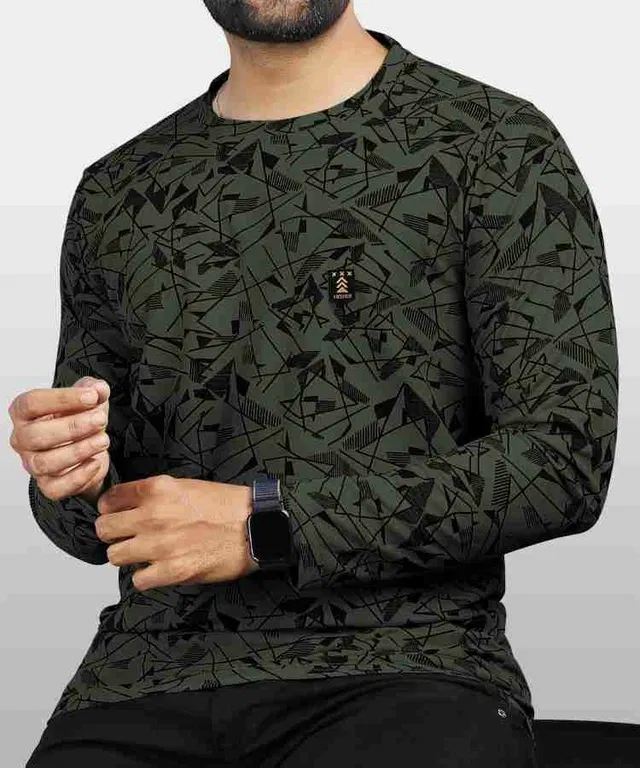 Round Neck Printed T-Shirt for Men (Olive, L)