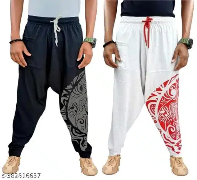 Cotton Loose-Fit Harem Pants for Men (Black & White, L) (Pack of 2)