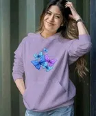 Fleece Printed Hoodie for Women, Purple 