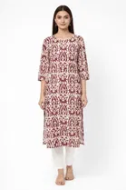 Cotton Blend Printed Kurti for Women, Maroon 