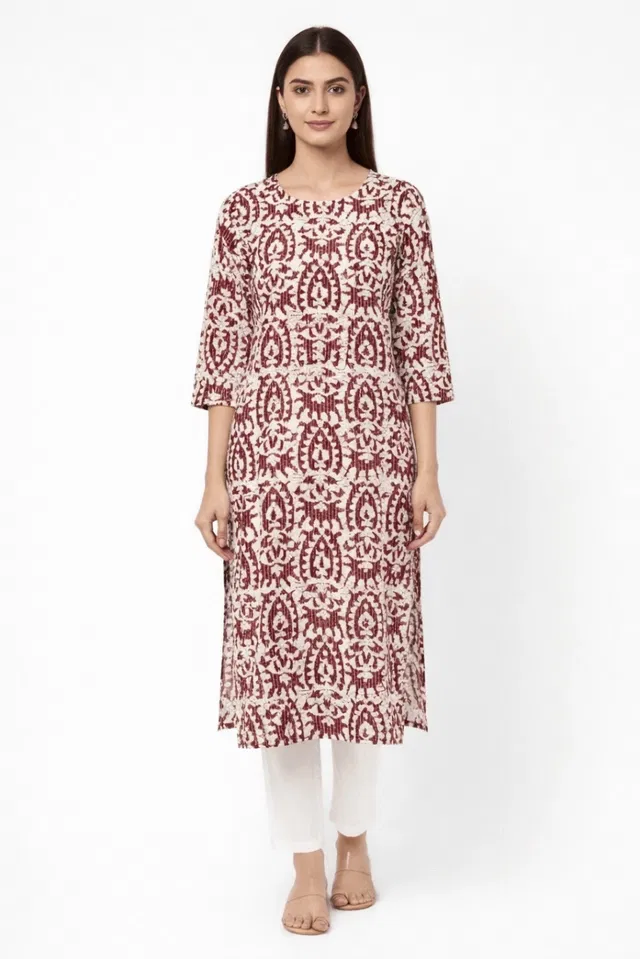 Cotton Blend Printed Kurti for Women, Maroon (M)