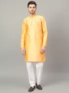 Jacquard Solid Kurta with Pant for Men (Yellow, S)