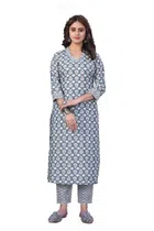 Cotton Blend Solid Kurta with Bottomwear for Women (Blue, S)