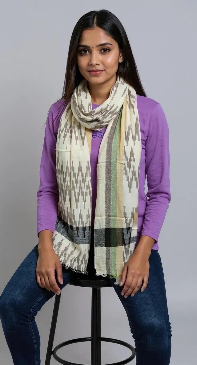 Women viscose Rayon Ikkat Printed Scarf (Beige)