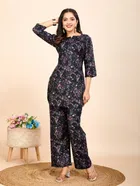Cotton Blend Printed Kurti With Pant & Dupatta for Women, Black 