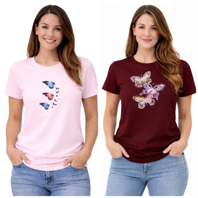 Cotton Blend T-shirt for Women, Maroon & Pink, Pack of 2 (L)