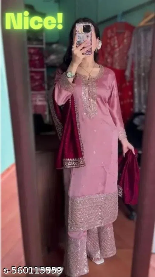 Art Silk Kurti With Bottomwear for Women (Maroon, Top M, Bottom L)