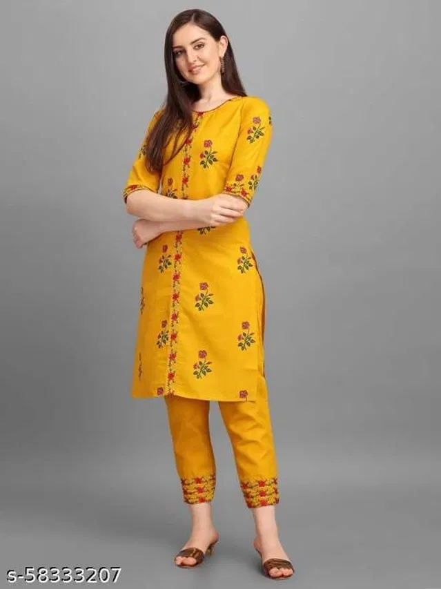 Cotton Blend Embroidered Kurta with Pant for Women (Yellow, XL)
