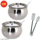 Stainless Steel Oil Container Pot Set (2 Pcs) with Cooking Tong (Silver, Set of 3)