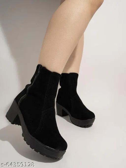 Shoetopia Solid Suede Block Boots Black (IND-7)