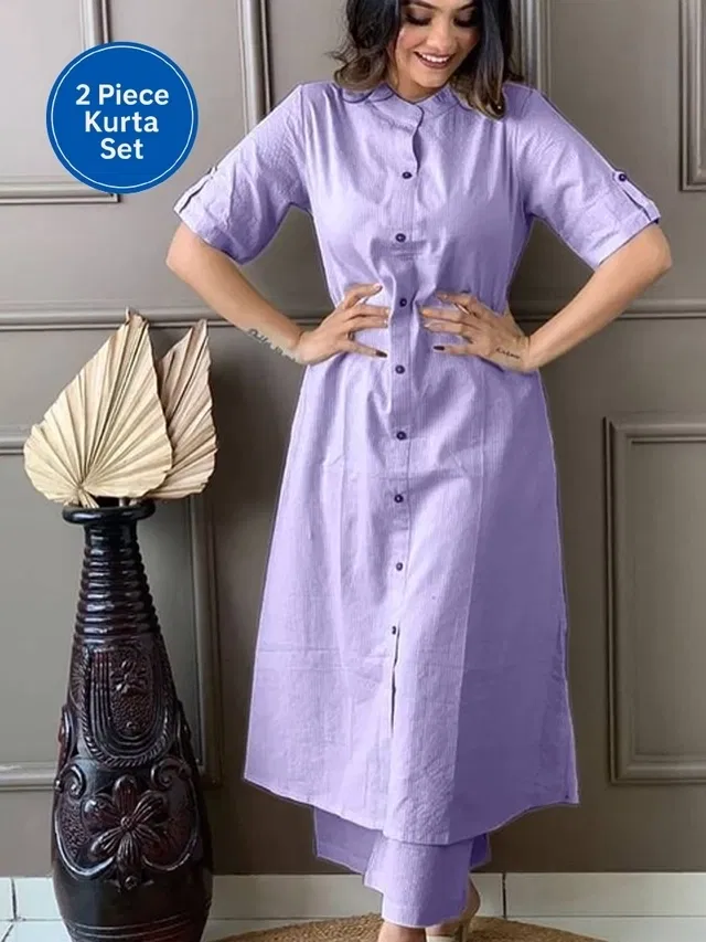 Cotton Solid Women's Kurta with Pant Set (Lavender, L)
