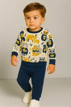 Cotton Printed Clothing Set for Boys, Navy Blue 