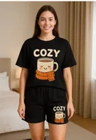Cotton Blend Printed Top & Bottom Set for Women, Black 