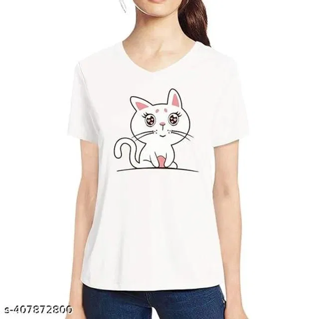Cotton Round Neck Printed T-Shirt for Women (White, XL)