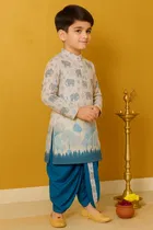 Cotton Blend Printed Kurta with Dhoti for Boys, White & Blue 