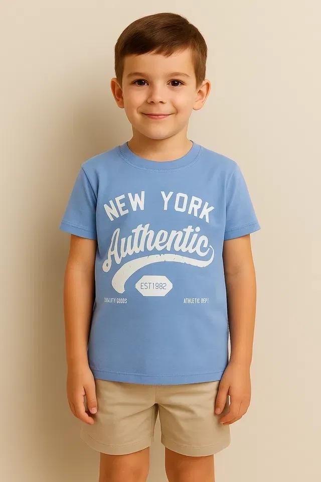 Round Neck Printed T-Shirt for Boys (Blue, 12-14 Years)