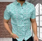 Cotton Half Sleeves Printed Shirt for Men (Aqua Blue, S)