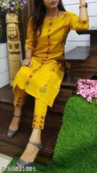 Anarkali Cotton Blend Embroidered Kurti with Pant for Women 