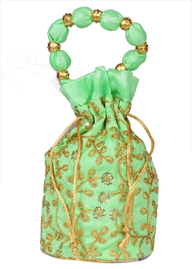 Silk Floral Ethnic Rajasthani Traditional Work Potli with Handle for Return Gifts (Sea Green)