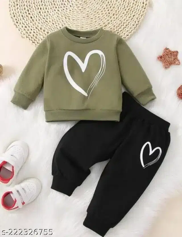 Hosiery Cotton Full Sleeves T-Shirt with Pant Clothing Set for Kids (Olive & Black, 6-9 Months)