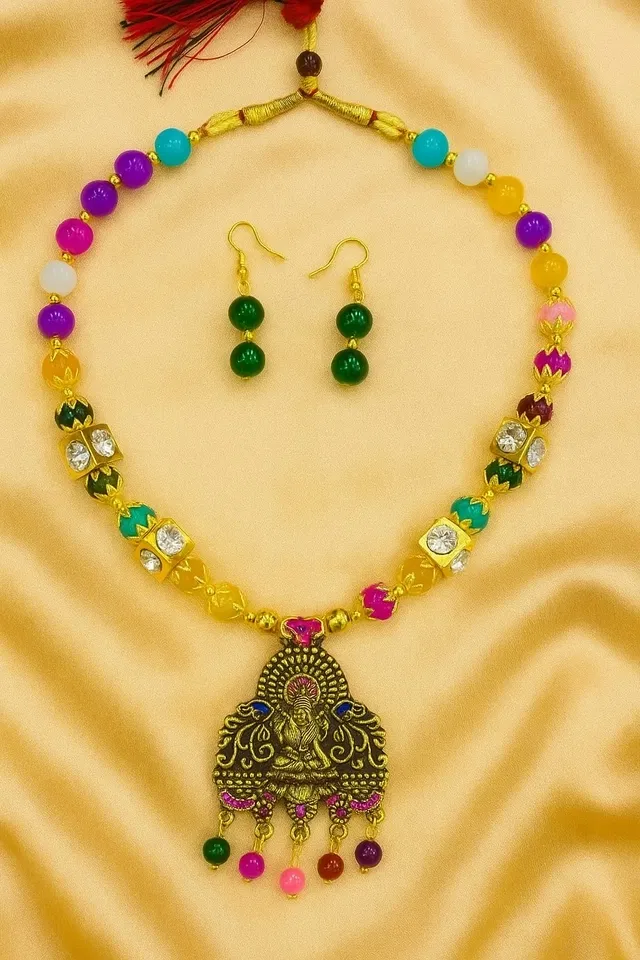 Women's Gold Oxidized Temple Jewellery Set with Earrings (Pack of 1)