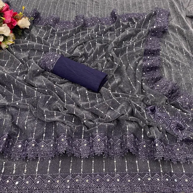 Lycra Blend Embellished Saree for Women (Grey, 6.3 m)