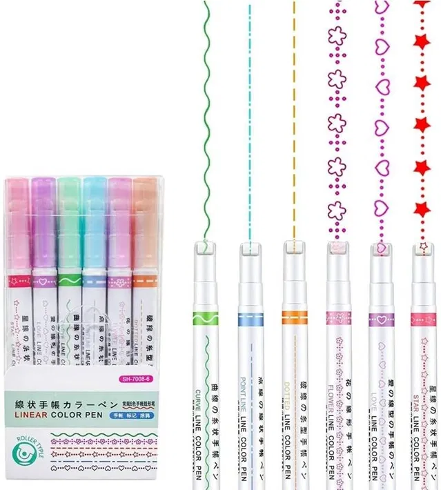 Linear Roller 6 Color Pens Highlighters with 6 Different Curve Shapes Superfine Nib Sketch Pens (Pack of 6, Multicolor)