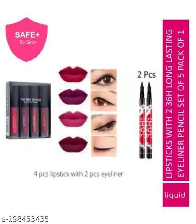 Combo of Waterproof Liquid Lipsticks (4 Pcs) with 2 Pcs Eyeliners (Multicolor, Set of 2)