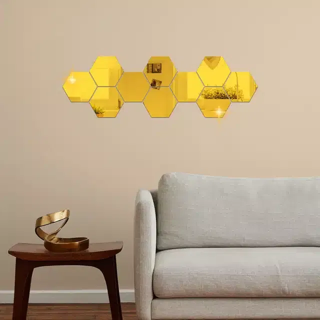 Acrylic Hexagon Shaped Wall Mirror Stickers (Gold, Pack of 10)