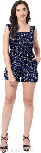 Crepe Printed Jumpsuit for Women & Girls (Navy Blue, L)