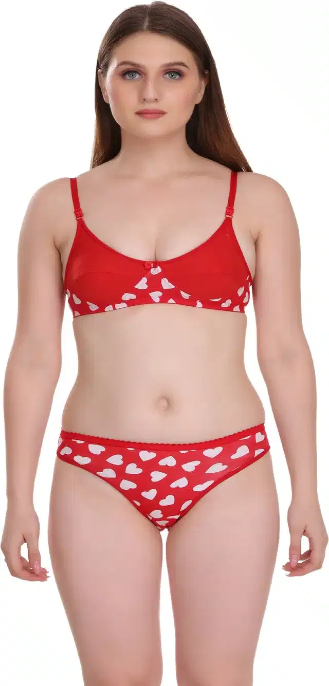 Cotton Blend Lingerie Set for Women (Red, 32)