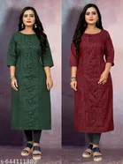Floral Embroidered Cotton Blend Kurti for Women, Pack of 2 