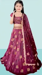 Net Embroidered Semi Stitched Lehenga for Girls 