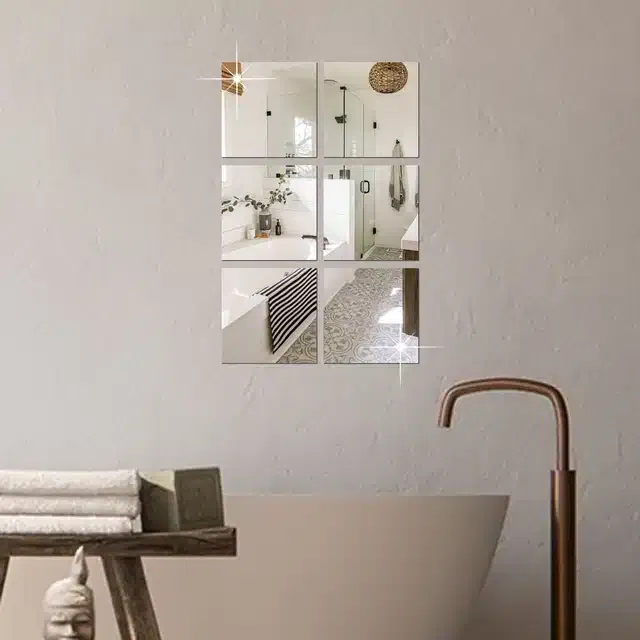Acrylic Square Shaped Wall Mirror Stickers (Silver, Pack of 6)