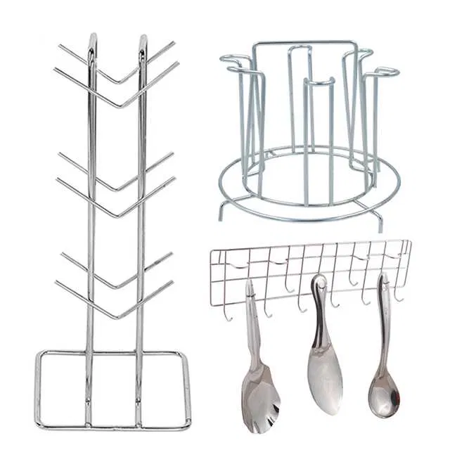 Stainless Steel Cup Stand Cup Holder & Glass Stand & Hook Rail For Kitchen (Set of 3) (OC-015)