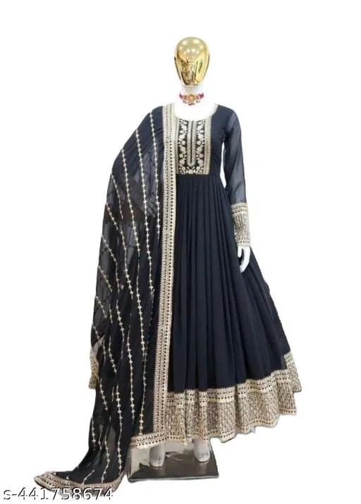 Heavy Fox Georgette With Siquence Coding Embroidery Work With Heavy Embroidery Dupatta Set for Women (Black, XL)