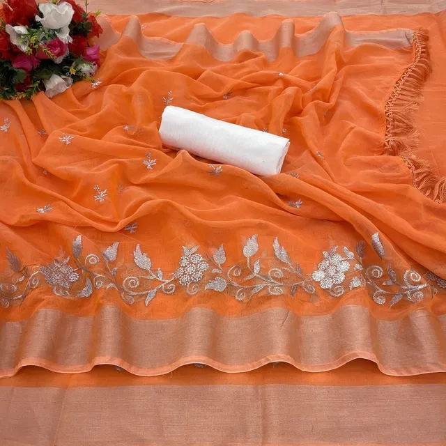 Chanderi Cotton Embroidered Saree for Women (Peach, 6.3 m)