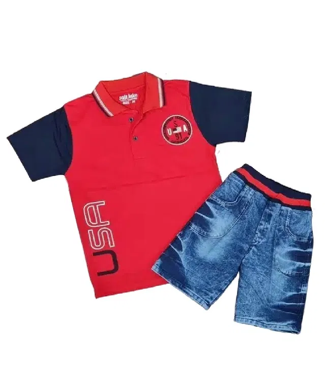 Top & Bottom Set for Boys (Red & Blue, 8-9 Years)