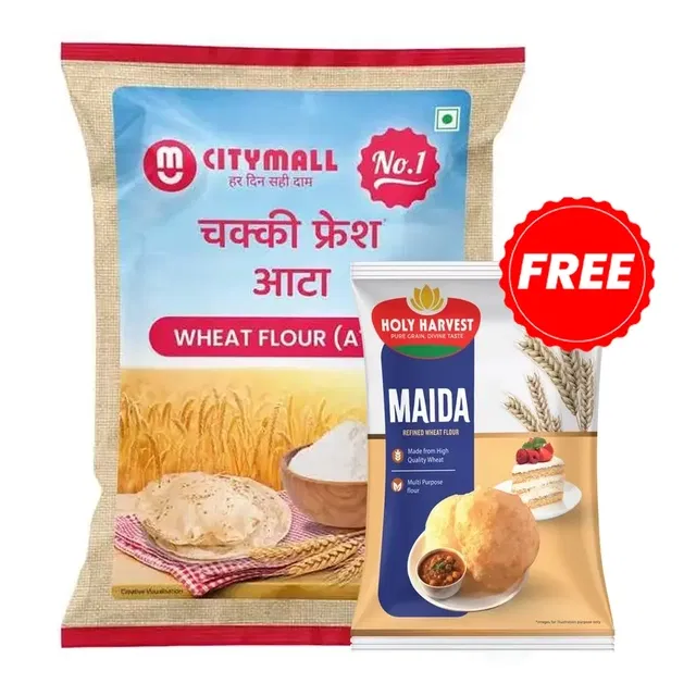 सिटीमॉल No.1 चक्की फ्रेश आटा 10 kg + फ्री होली हार्वेस्ट मैदा 500 g