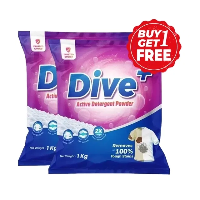 डाइव+ एक्टिव डिटर्जेंट पाउडर 2X1 Kg (बय 1 गेट 1 फ्री)