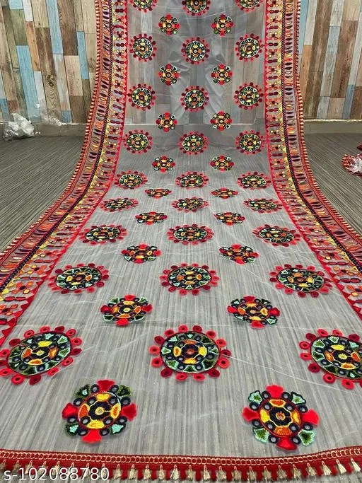 Embroidered Punjabi Net Floral Sewing & Embroidery (White, Free Size)