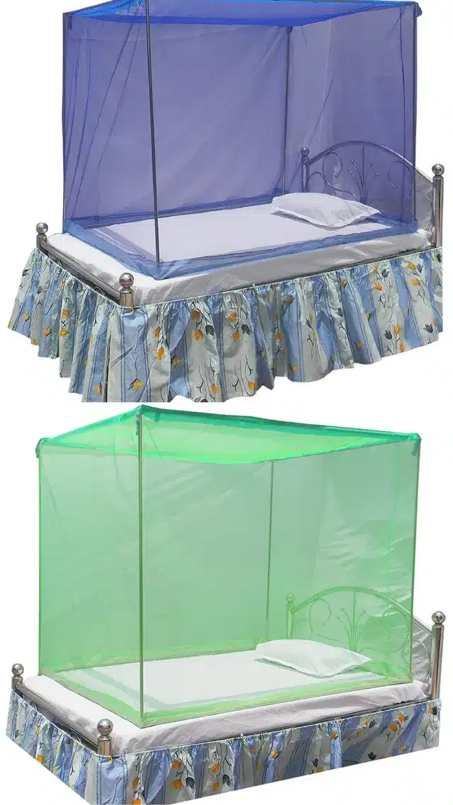 Polyester Single Bed Mosquito Net (Pack of 2) (Blue & Green, 6x3 feet)