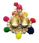 Metal Decorative Ganpati Haldi Kumkum Stand with 2 Roli Chawal Holder, Multicolor