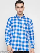 Cotton Blend Checked Shirt for Men, Aqua Blue 